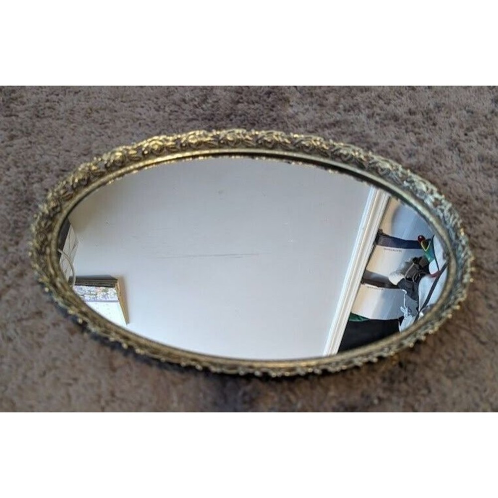 Vintage Oval Gold Floral Filigree Mirrored Vanity Tray Mirror 13"x9.5"